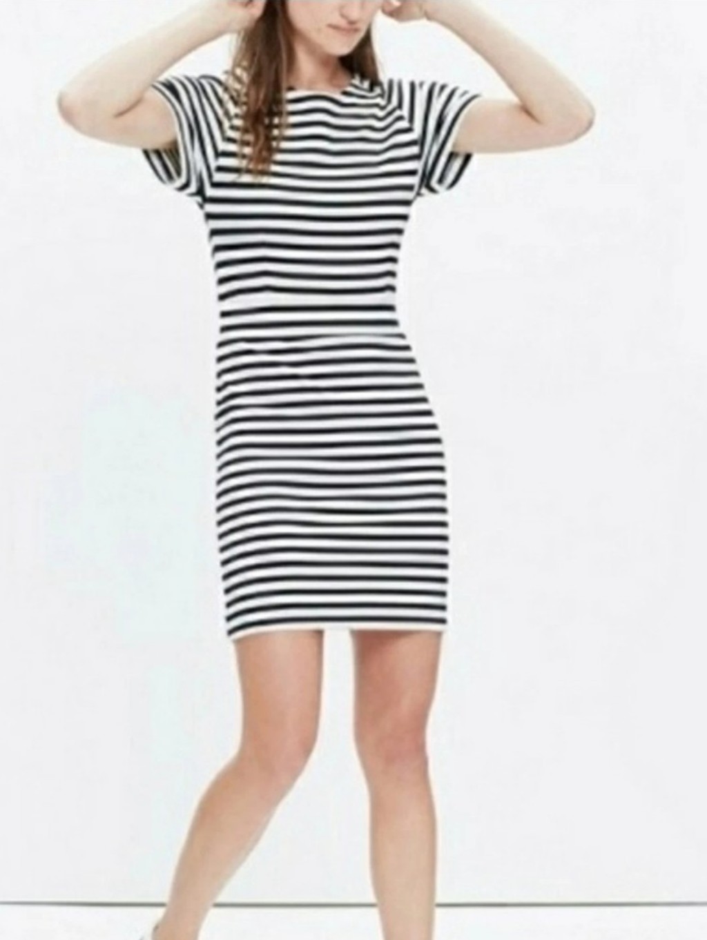 Madewell Stripe Dress Size 0 Black Off- White Knit Stretch Short Sleeve